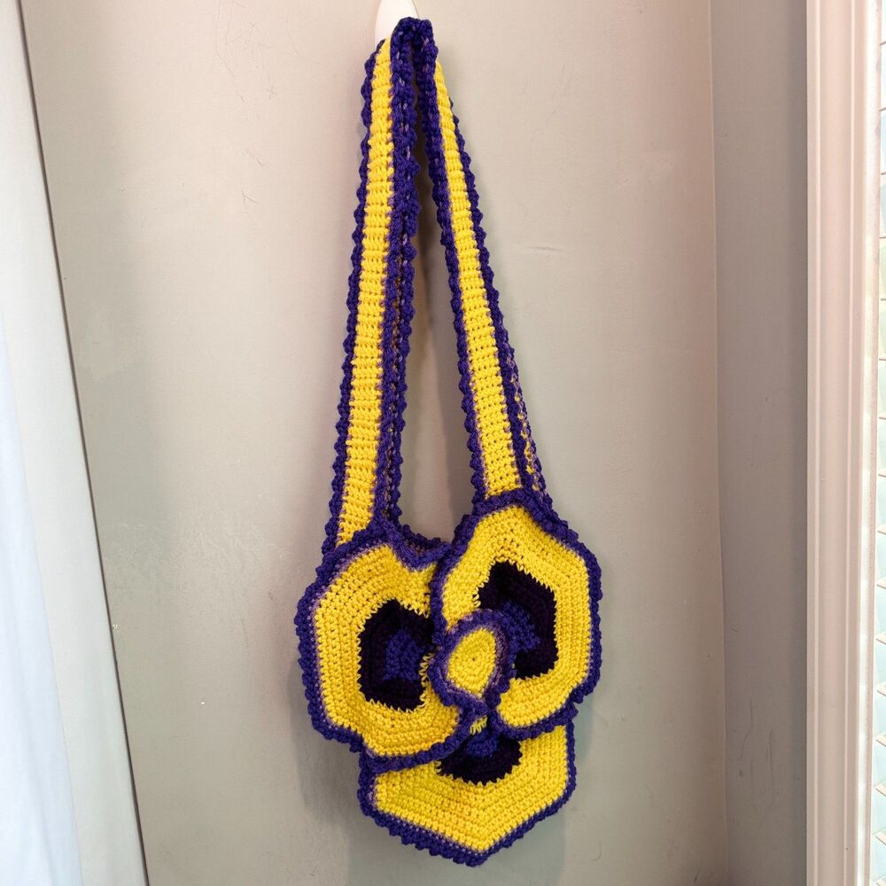 Handmade Crochet Pansy Purse Purple Yellow Floral Satin Lined Boho Bag
